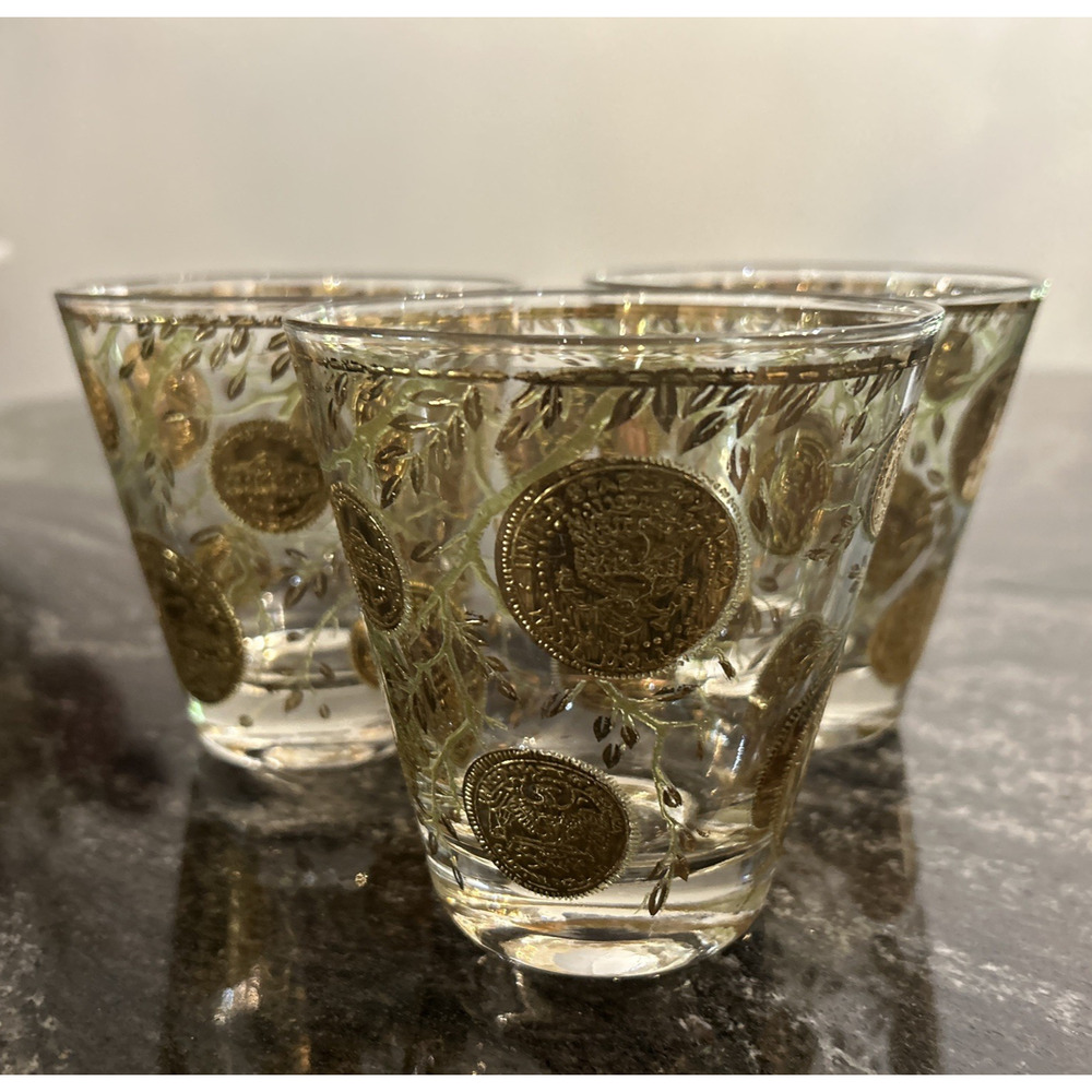 3-Vtg Culver MCM 22K Gold Coins & Ivy Lowball Whiskey Barware Glasses 4"